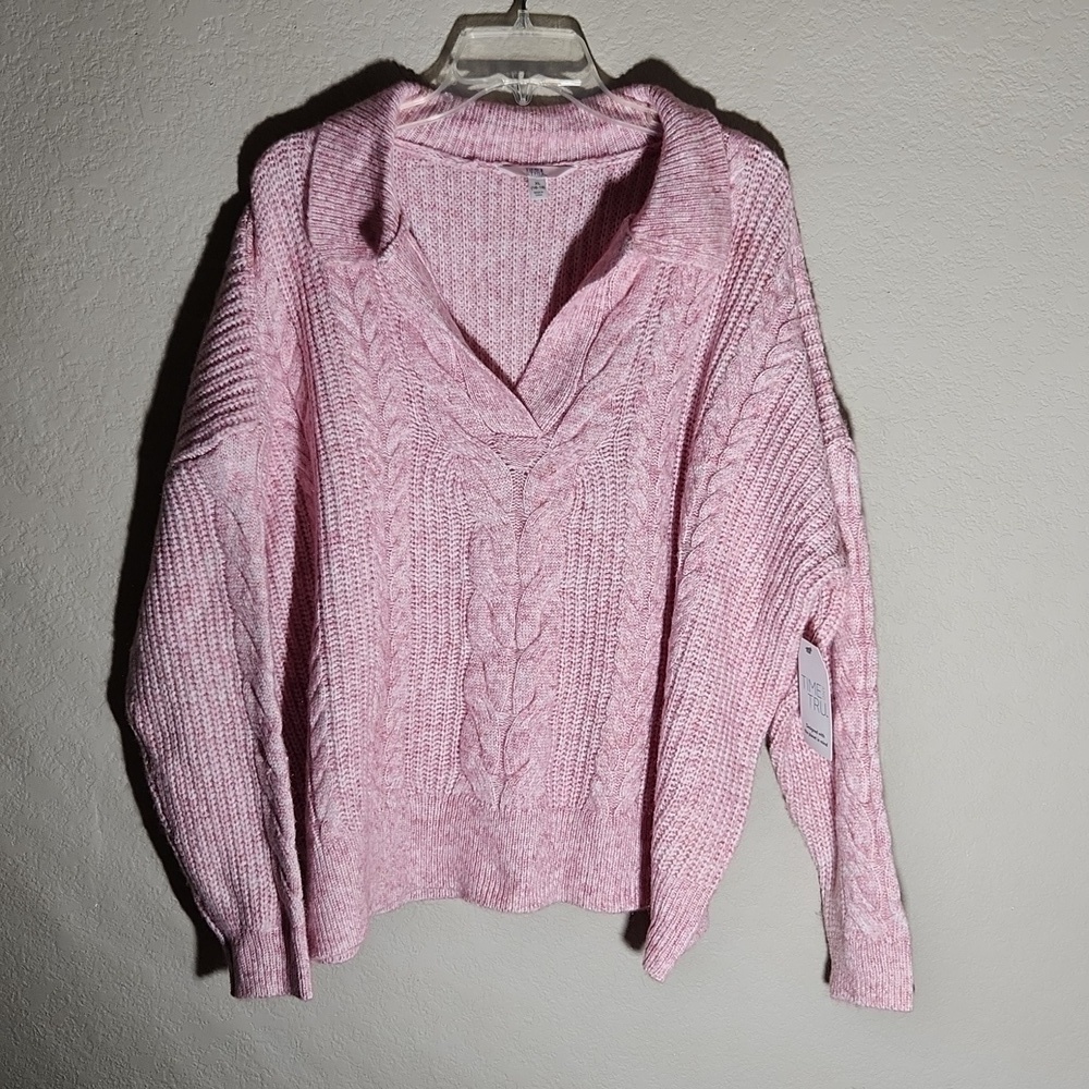 Time & Tru Sweater Womens Size XL Cable Knit Crop Knit Pink White V Neck New